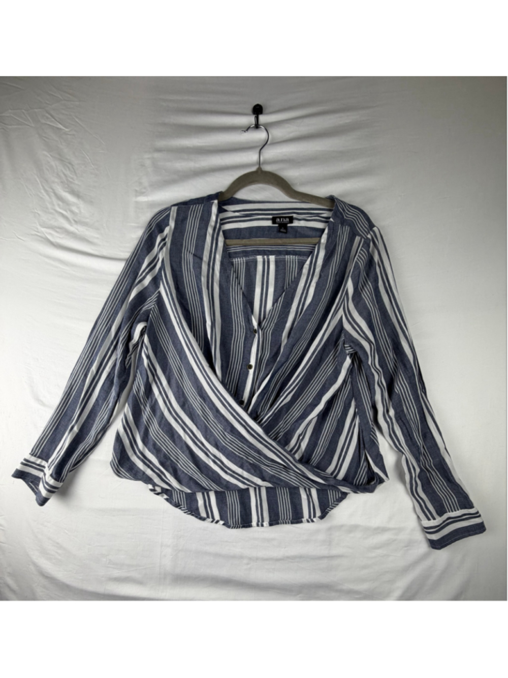 a.n.a Slate Blue White Stripe Wrap Front Surplice Blouse Large Coastal Boho Chic